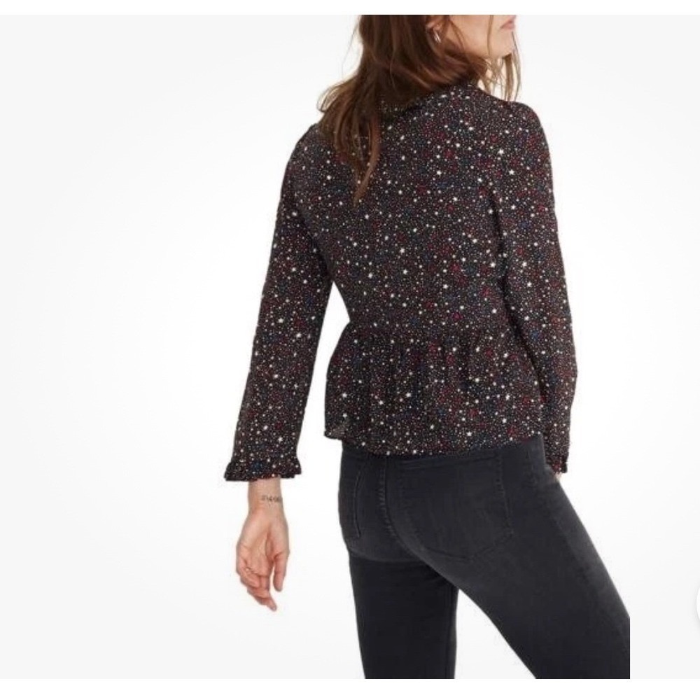 Madewell Star Print Ruffle Wrap Peplum Blouse Top Long Sleeve XL 100% Silk - Picture 2 of 9
